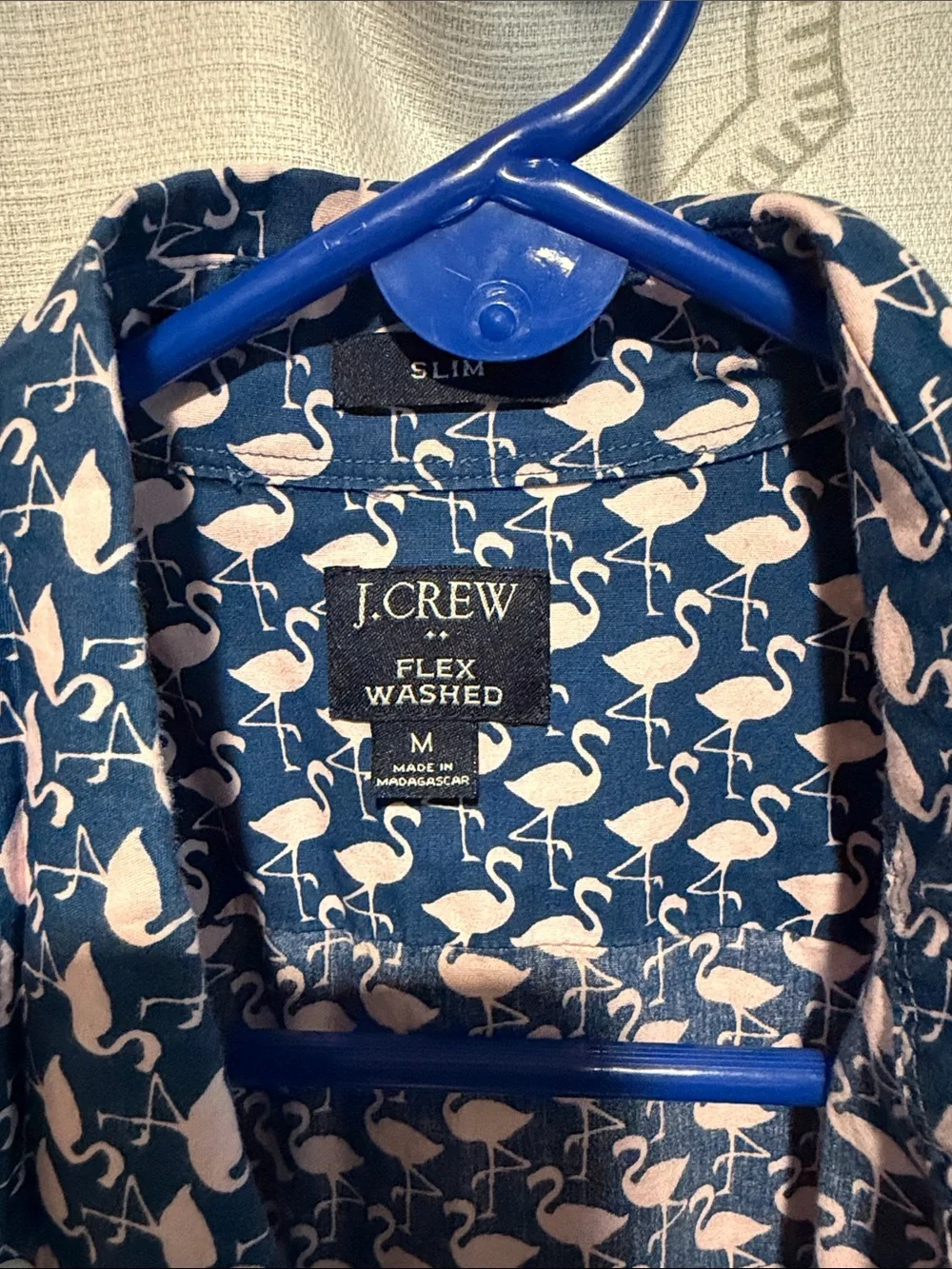 J. Crew Navy Short-Sleeve Button-Down with Pink Flamingo Print